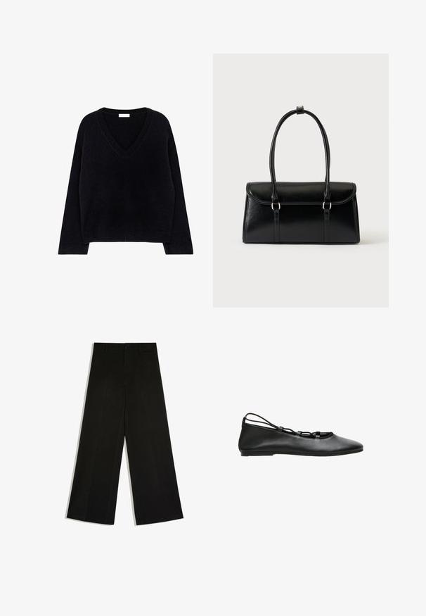 Pull en tricot noir avec col en V, manches longues et ourlet côtelé. Texture douce avec une coupe décontractée et un design minimaliste.; Pantalon noir à jambes larges avec passants de ceinture, fermeture devant par bouton et zip, posé à plat sur fond blanc.; Ballerine en cuir noir au design épuré, bout pointu et détails décoratifs de brides ajourées sur le côté. Semelle plate pour plus de confort.; Sac à main rectangulaire en cuir noir avec fermeture à rabat et deux longues anses sur fond blanc uni.