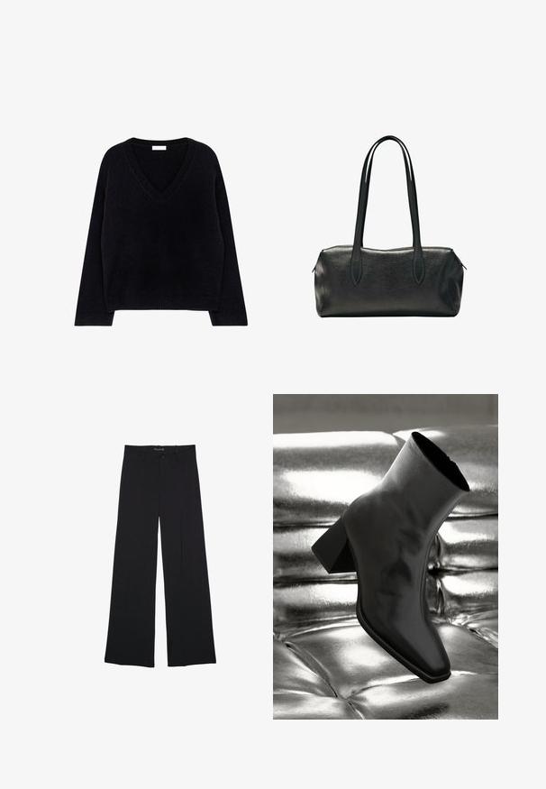 Pull en tricot noir avec col en V, manches longues et ourlet côtelé. Texture douce avec une coupe décontractée et un design minimaliste.; Pantalon noir à jambes larges avec passants de ceinture, bouton frontal et fermeture éclair, étalé à plat sur un fond blanc.; Botte noire à la cheville en matériau brillant avec un bout carré et un talon effilé, sur un fond argenté brillant et capitonné.; Sac à main rectangulaire en cuir noir avec deux longues bandoulières et une fermeture zippée sur le dessus.