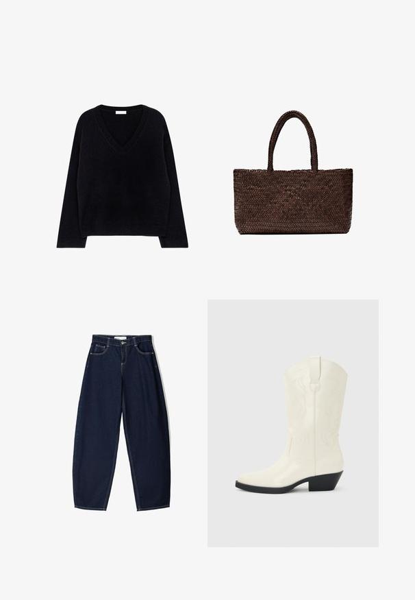 Pull en tricot noir avec col en V, manches longues et ourlet côtelé. Texture douce avec une coupe décontractée et un design minimaliste.; Pantalon en denim bleu foncé avec une coupe ample, comportant cinq poches, des coutures contrastées et une fermeture éclair à l'avant.; Botte blanche de style western mi-mollet avec bout pointu, talon empilé noir, coutures décoratives et languette de tirage sur la tige.; Grand sac fourre-tout en cuir tressé marron foncé avec deux poignées arrondies et forme rectangulaire.