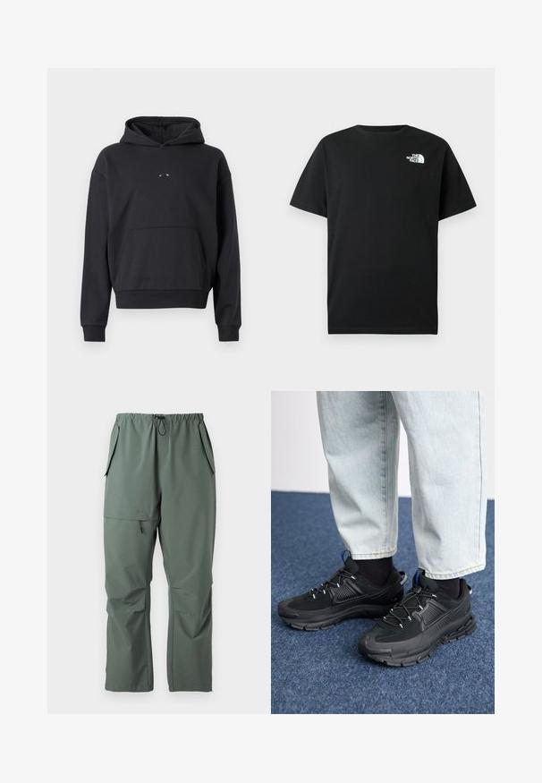 Schwarzer Hoodie aus Baumwollmischung, mit einer Kängurutasche, gerippten Bündchen und einem Logodetail auf der Brust. Klassische, lockere Passform.; Schwarzes Baumwoll-T-Shirt mit kurzen Ärmeln, Rundhalsausschnitt und weißem Logo auf der linken Brust. Einfaches, schmuckloses Design.; Grüne, leichte Hosen mit elastischem Bund, Kordelzug und mehreren Taschen. Glatte Textur mit einer lässigen, lockeren Passform.; Schwarze Sportschuhe aus strukturiertem Stoff mit Gummisohlen, ausgestattet mit elastischen Schnürsenkeln und einem blauen Akzent an der Ferse. Getragen mit hellen Jeans.