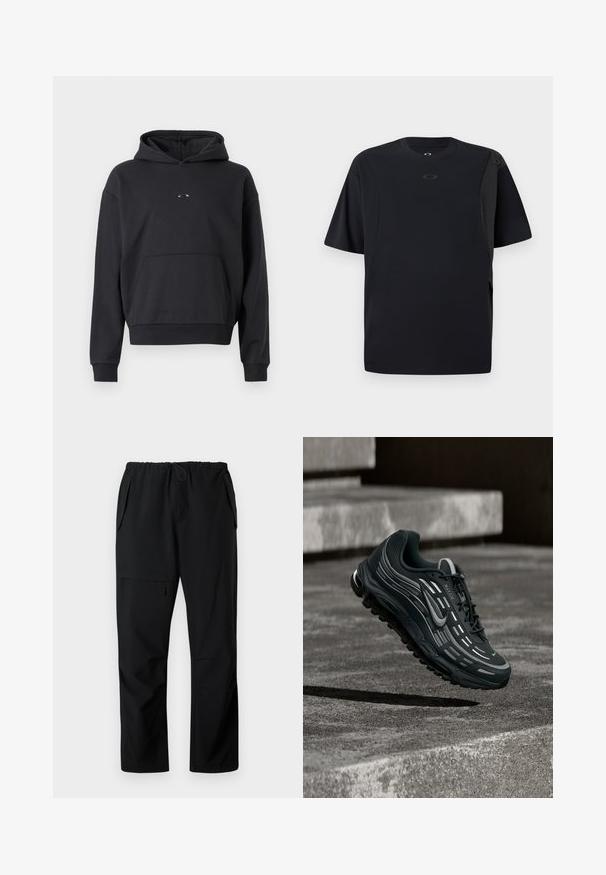 Schwarzer Hoodie aus Baumwollmischung, mit einer Kängurutasche, gerippten Bündchen und einem Logodetail auf der Brust. Klassische, lockere Passform.; Schwarzes Kurzarm-T-Shirt aus glattem Stoff, mit einem asymmetrischen Design und einem kleinen Logo auf der Brust.; Schwarze Freizeit-Hosen mit elastischem Bund, zwei seitlichen Taschen und einer mit Reißverschluss versehenen Oberschenkel-Tasche, flach auf weißem Hintergrund präsentiert.; Schwarzer und grauer Nike Air Max Sneaker, der über graue Betonstufen mit strukturiertem Bodenhintergrund schwebt.