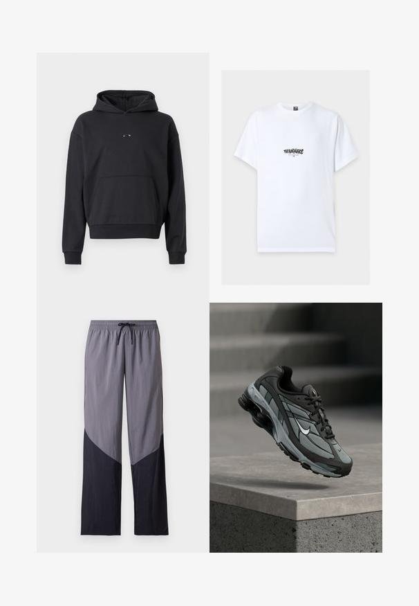 Sort hættebluse lavet af en bomuldsblanding, med en kængurulomme, ribbede manchetter og et logodetalje på brystet. Klassisk, afslappet pasform.; Hvid T-shirt med korte ærmer med sort "The North Face" logo og "Never Stop Exploring" tekst centreret på brystet.; Lysegrå og sorte farveblokke casual bukser med elastisk taljebånd og sort snøre foran.; Grå og sort atletiksko med meshpaneler og tyk sål, placeret i luften over en betonliste med trapper i baggrunden.
