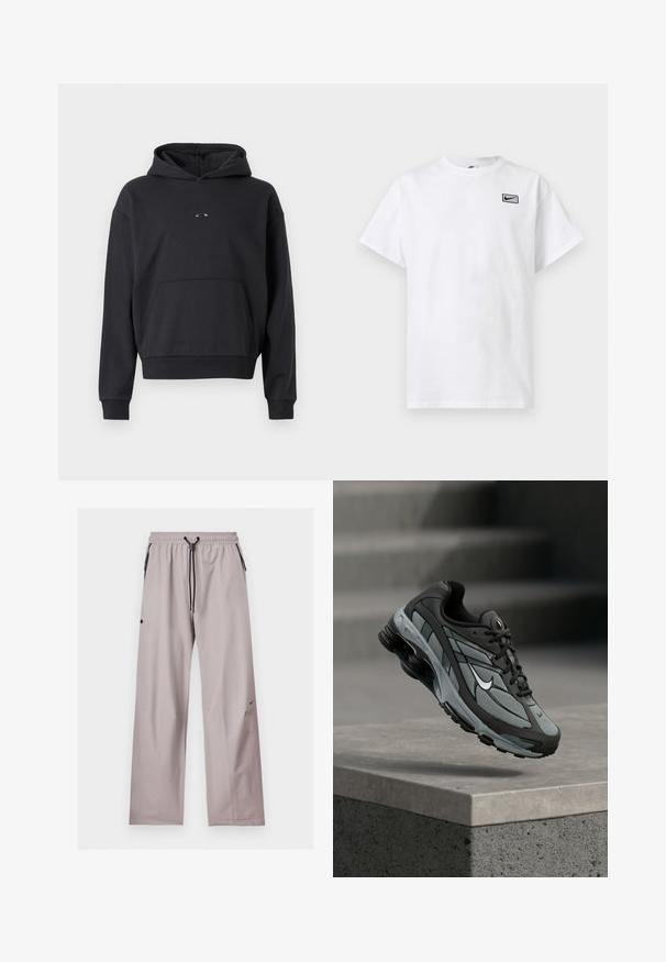 Sort hættebluse lavet af en bomuldsblanding, med en kængurulomme, ribbede manchetter og et logodetalje på brystet. Klassisk, afslappet pasform.; Hvid T-shirt med korte ærmer og rund hals med lille sort Nike swoosh-logo i en rektangel på venstre bryst.; Lysegrå løstsiddende bukser med elastisk talje, sort justerbar snor og sidelommer med sorte lynlåse.; Grå og sort atletiksko med meshpaneler og tyk sål, placeret i luften over en betonliste med trapper i baggrunden.