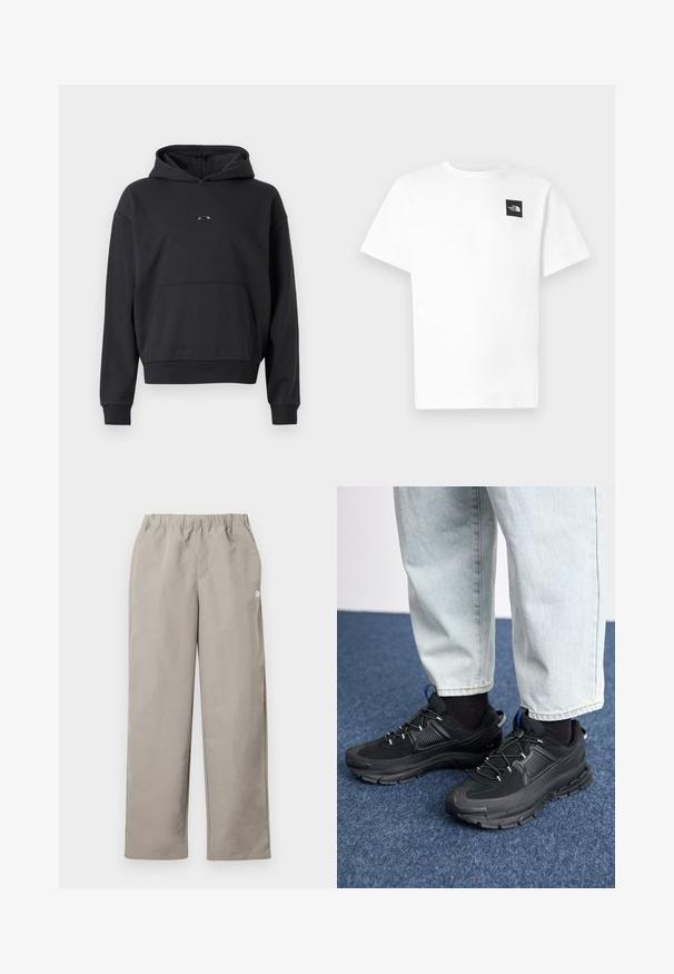Schwarzer Hoodie aus Baumwollmischung, mit einer Kängurutasche, gerippten Bündchen und einem Logodetail auf der Brust. Klassische, lockere Passform.; Weißes Baumwoll-T-Shirt mit kurzen Ärmeln, auf der linken Brust mit einem schwarzen quadratischen Logo und einem Rundhalsausschnitt.; Beige gerade geschnittene Hose mit elastischem Bund und kleinem weißem Logo an der rechten Seitennaht.; Schwarze Sportschuhe aus strukturiertem Stoff mit Gummisohlen, ausgestattet mit elastischen Schnürsenkeln und einem blauen Akzent an der Ferse. Getragen mit hellen Jeans.