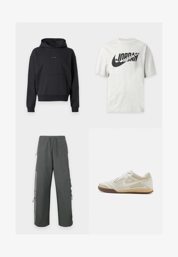 Mustast puuvillasegust jakist, millel on känguru-taskud, ribistatud varrukaotsad ja logo detail rinnal. Klassikaline, mugav lõige.; helehall lühikeste varrukatega T-särk musta Nike logoga ja "JORDAN AIR" tekstiga ees.; Tumedat hallid vabaaja tööpüksid elastse vöökohaga, paelaga, küljetaskutega ja võrkkangasdetailidega, mis on lõdva ja mugava istuvusega.; Valge sportlik king, millel on tekstuuriga ülemine osa, hallid aktsendid, nööpidega disain ja pruun kummist tall. Ühel küljel on silmapaistev logo.