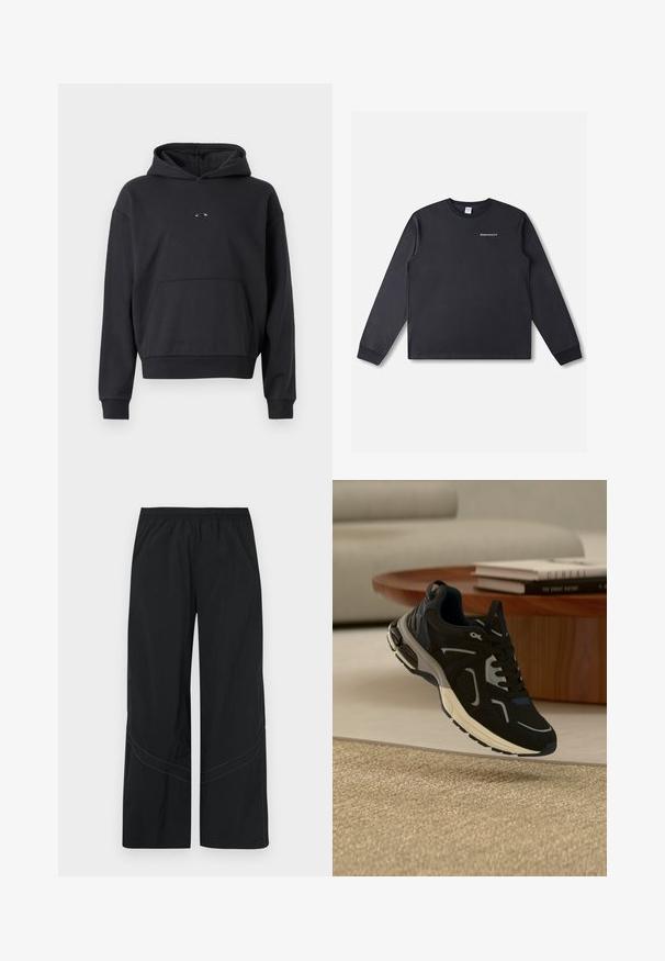 Schwarzer Hoodie aus Baumwollmischung, mit einer Kängurutasche, gerippten Bündchen und einem Logodetail auf der Brust. Klassische, lockere Passform.; Schwarzes Langarm-T-Shirt aus Baumwolle. Verfügt über einen Rundhalsausschnitt und den in Weiß aufgedruckten Schriftzug "RHTHM PROJECTS" auf der Vorderseite.; Schwarze, weit geschnittene Hose aus leichtem Stoff mit elastischem Bund und dezent geschwungenen Steppnähten am Saum.; Schwarz-grauer Sportschuh schwebt über einem beigen gewebten Teppich, im Hintergrund ein Holztisch und Bücher.