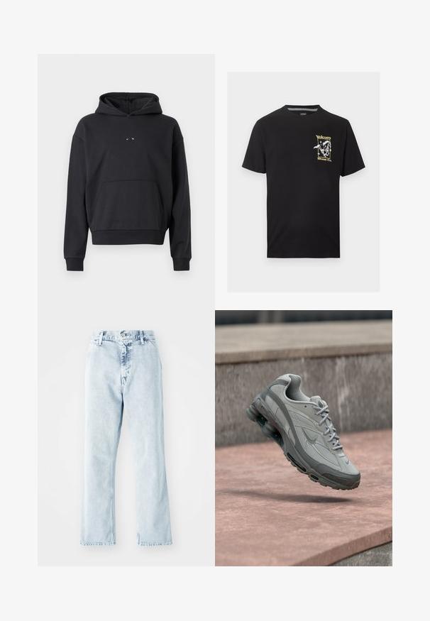 Zwarte hoodie van een katoenmix, voorzien van een kangoeroezak, ribgebreide manchetten en een logopatch op de borst. Klassieke, relaxte pasvorm.; Zwart T-shirt met korte mouwen, met een kleine gele en witte afbeelding van een rennend paard en de tekst "Volcom Stone Co." op de linkerborst.; Lichtblauwe denim jeans met een rechte pijp, voorzien van een hoge taille, vijf zakken en een knoopsluiting. Vervaagde textuur overal.; Grijze en witte Nike-sneaker zwevend boven een stenen trede met zichtbare luchtvering en een gestructureerde zool.