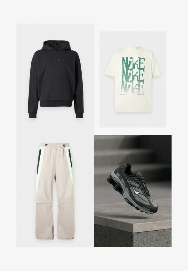 Zwarte hoodie van een katoenmix, voorzien van een kangoeroezak, ribgebreide manchetten en een logopatch op de borst. Klassieke, relaxte pasvorm.; Wit T-shirt met korte mouwen met grote groene vervormde tekst "NIKE" verticaal gestapeld en kleine tekst "NIKE INC. OREGON, USA" onderaan.; Beige broek met lichtgroene zijpanelen, zwarte dijzakken met rits en elastische tailleband met zwarte trekkoorden.; Grijze en zwarte sportieve sneaker met meshpanelen en dikke zool, zwevend in de lucht boven een betonnen richel met trappen op de achtergrond.