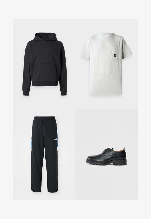 Zwarte hoodie van een katoenmix, voorzien van een kangoeroezak, ribgebreide manchetten en een logopatch op de borst. Klassieke, relaxte pasvorm.; Heren grijs katoenen t-shirt met een ronde hals, korte mouwen en een borstzak aan de linkerkant met een klein zwart logo-label.; Zwarte sportbroeken met een elastische tailleband, voorzien van blauwe en witte grafische accenten aan de zijkanten en een geborduurd logo.; Zwarte leren derby schoenen met een gladde textuur, ronde neus, vetersluiting en een dikke, robuuste rubberen zool.