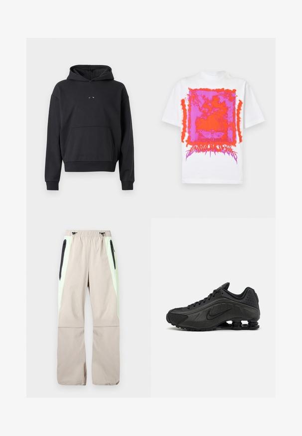 Schwarzer Hoodie aus Baumwollmischung, mit einer Kängurutasche, gerippten Bündchen und einem Logodetail auf der Brust. Klassische, lockere Passform.; Weißes T-Shirt mit kurzen Ärmeln, mit einer leuchtend pink-orangefarbenen abstrakten rechteckigen Grafik und stilisiertem Text unten mittig auf der Vorderseite.; Beige Hose mit hellgrünen Seitenteilen, schwarzen Reißverschlusstaschen am Oberschenkel und elastischem Bund mit schwarzen Kordeln.; Schwarze Laufschuhe mit einem glatten synthetischen Obermaterial, durchbrochenen Akzenten, strukturierten Seitenpaneelen und einer ausgeprägten federnden Sohle.