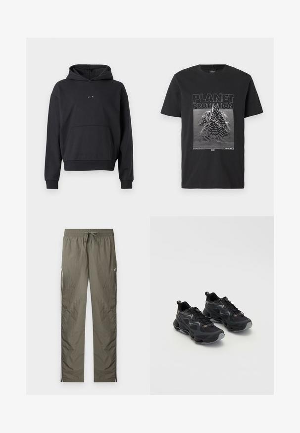 Schwarzer Hoodie aus Baumwollmischung, mit einer Kängurutasche, gerippten Bündchen und einem Logodetail auf der Brust. Klassische, lockere Passform.; Schwarzes Baumwoll-T-Shirt mit einem weißen Grafikdruck von Bergen mit geschwungenen Linien und dem Text "PLANET PROTECTION" in fetten Großbuchstaben.; Leichte olivgrüne Trainingshose mit elastischem Bund, Kordelzug, weißen Seitenstreifen und kleinem Schmetterlingslogo am rechten Oberschenkel.; Schwarze Sportschuhe mit einem strukturierten Mesh-Obermaterial, ausgestattet mit einer dicken Sohle, Schnürverschluss und dezenten grauen Akzenten.