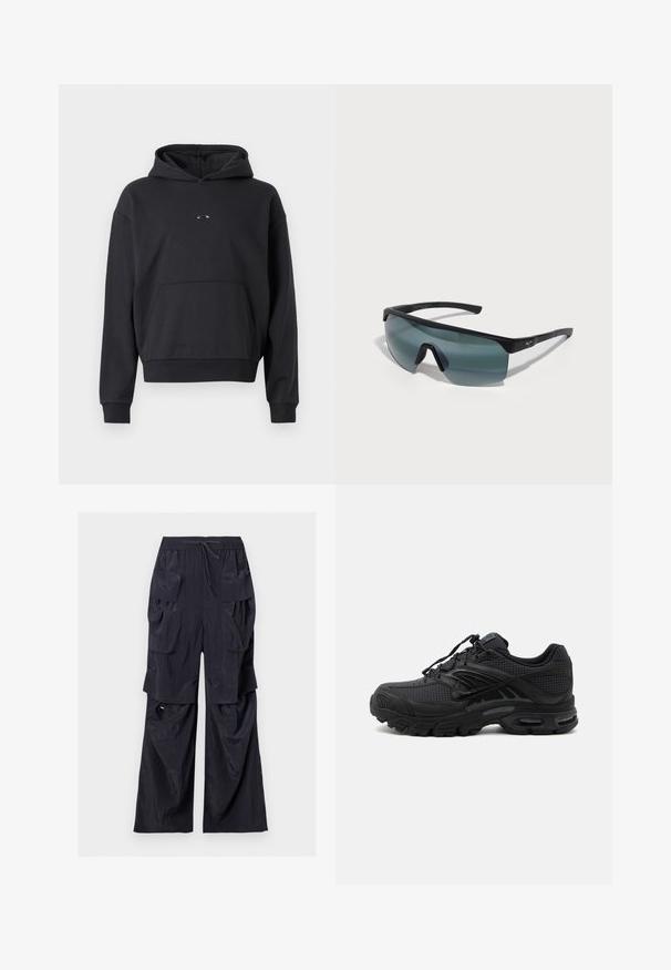 Hoodie noir en mélange de coton, avec une poche kangourou, des poignets côtelés et un logo sur la poitrine. Coupe classique et décontractée.; Pantalon cargo noir à jambes larges avec plusieurs grandes poches à rabat et une taille à cordon sur fond blanc.; Baskets de sport noires avec tissu texturé, semelle épaisse et rembourrée, aérations et fermeture à lacets, vues de profil sur fond clair.; Lunettes de sport avec une monture noire, de grandes verres gris et un design enveloppant. Présente un pont nasal proéminent et des branches texturées.