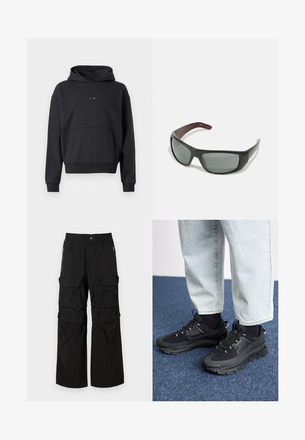 Sort hættebluse lavet af en bomuldsblanding, med en kængurulomme, ribbede manchetter og et logodetalje på brystet. Klassisk, afslappet pasform.; Sorte cargo bukser med elastisk talje, flere store lommer og lynlåslommer på siden. Lavet af letvægts, tekstureret stof.; Sorte træningssko med tekstureret stof og gummisåler, udstyret med elastiske snørebånd og en blå detalje på hælen. Bæres med lyse denimbukser.; Arnette HOT SHOT - Solbriller - dark grey
