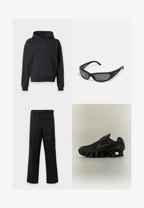 Hoodie noir en mélange de coton, avec une poche kangourou, des poignets côtelés et un logo sur la poitrine. Coupe classique et décontractée.; Pantalons cargo noirs avec une coupe large, une taille ajustable avec une boucle et deux poches latérales pour le rangement. Tissu léger.; Chaussure de course noire Nike avec semelle segmentée semblable à un ressort, dessus en mesh et logo Swoosh noir assorti sur le côté.; Lunettes de soleil noires avec une monture incurvée et des verres teintés. Présente un fini mat et le nom de la marque "ARNETTE" sur le côté.