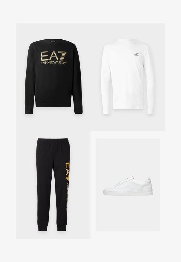 Čierna mikina s okrúhlym výstrihom, s vyšívaným zlatým logom EA7 Emporio Armani na hrudi. Mäkčená tkanina s rebrovanými manžetami a spodným okrajom.; Biela dlhá mikina s rukávmi vyrobená z bavlny, s malým čiernym logom EA7 na ľavej strane hrudníka. Jednoduchý dizajn s okrúhlym výstrihom.; Čierne teplákové nohavice vyrobené z mäkkej látky, s elastickým pásom a sťahovacími členkami. Žlté logo tlačené vertikálne na ľavej nohe.; Biela nízka teniska so šnurovacím dizajnom, hladkým koženým zvrškom a hrubou podrážkou, zobrazená z bočného pohľadu na jednoduchom pozadí.