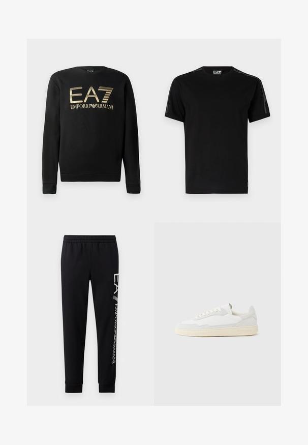 Zwart sweatshirt met ronde hals, voorzien van het gouden EA7 Emporio Armani-logo op de borst. Zachte stof met geribbelde mouwen en onderrand.; Zwarte T-shirt van katoen, met korte mouwen, een ronde hals, gaas zijpanelen en een klein logo label op de zoom.; Zwarte sweatpants van een katoenmix, met een elastische tailleband, taps toelopende benen, ribgebreide boorden en een wit logo-opdruk langs de zijkant.; Witte sneaker met een bovenwerk van gestructureerd suède en leer. Voorzien van een afgeronde neus, vetersluiting en een contrasterende beige rubberen zool.