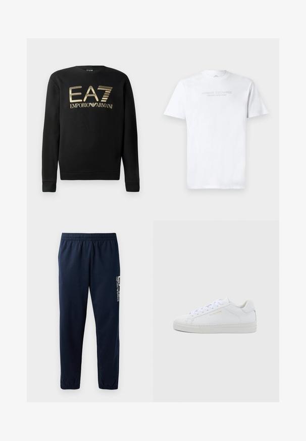 Mustapaita, jossa on pyöreä kaula-aukko, ja kultainen EA7 Emporio Armani -logo rinnassa. Pehmeää kangasta, jossa ribbireunat hihoissa ja helmassa.; Valkoinen puuvillapaita, jossa on pyöreä kaula-aukko, lyhyet hihat ja kohokuvioitu "ARMANI EXCHANGE MILANO/NEW YORK" -logo edessä.; Tummansininen collegehousut, joissa on joustava vyötärö, kapenevat lahkeet ja valkoinen logo sivulla. Sopivan sileä kangas, jossa on kevyt tekstuuri.; Valkoiset nahkaiset matalat lenkkarit, joissa pyöreä kärki, tasaiset nauhat, kuvioitu pohja ja hillitty kultainen logo sivussa. Sileä pinta ja minimalistinen muotoilu.