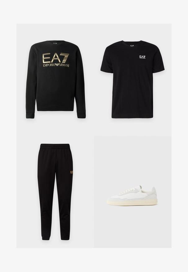 Zwart sweatshirt met ronde hals, voorzien van het gouden EA7 Emporio Armani-logo op de borst. Zachte stof met geribbelde mouwen en onderrand.; Zwarte katoenen t-shirt met een V-hals en korte mouwen. Voorzien van een wit EA7-logo op de linkerborst. Soepele textuur, standaard pasvorm.; Zwarte sweatpants met een elastische tailleband, aangesloten boorden en een klein geel logo op het bovenste deel van het linkerdij. Zachte, gladde stofstructuur.; Witte sneaker met een bovenwerk van gestructureerd suède en leer. Voorzien van een afgeronde neus, vetersluiting en een contrasterende beige rubberen zool.