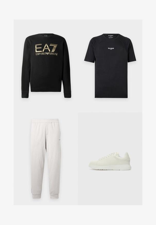 Sudadera negra con cuello redondo, que presenta el logo dorado de EA7 Emporio Armani en el pecho. Tejido suave con puños y dobladillo acanalados.; Camiseta negra de manga corta hecha de una tela suave, con cuello redondo y un logo blanco que dice "SILENCE" en el pecho.; Pantalones deportivos de color gris claro con cintura elástica, bolsillos laterales, puños acanalados y un sutil logotipo en la pierna, confeccionados en una tela suave.; Zapatilla blanca de cuero con parte superior texturizada, punta redondeada, suela blanca plana y cordones tonales. Marca sutil en la lengüeta.