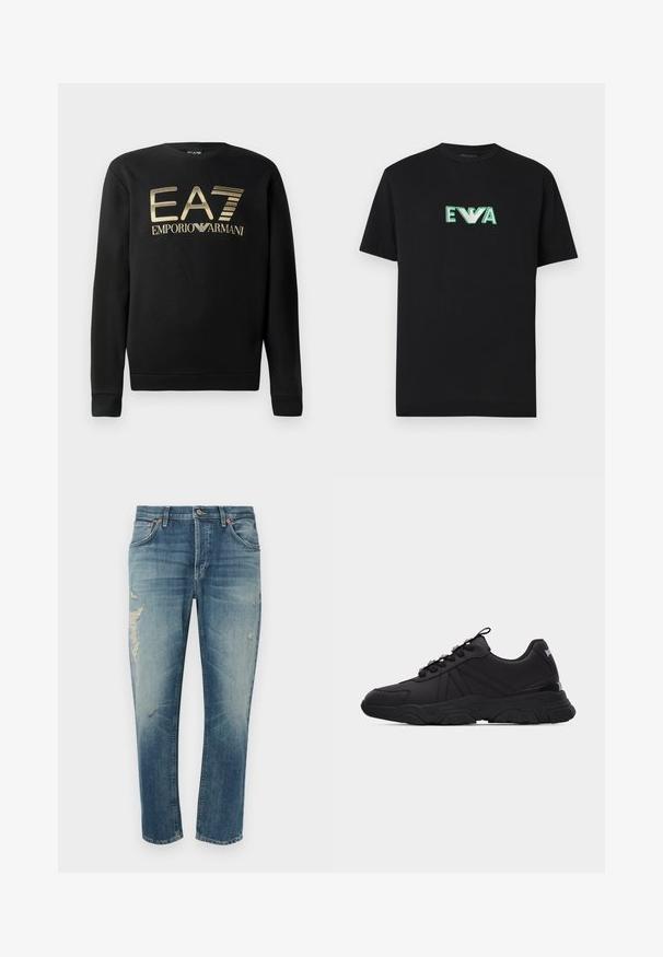 Sudadera negra con cuello redondo, que presenta el logo dorado de EA7 Emporio Armani en el pecho. Tejido suave con puños y dobladillo acanalados.; Camiseta de algodón negra con un logo bordado en el centro en verde y blanco, cuello redondo y mangas cortas. Diseño liso sin estampados.; Vaqueros de mezclilla azul claro con un ajuste relajado, que presentan parches desgastados, cierre de botón y cinco bolsillos. Se recomienda lavado a máquina.; Zapatilla negra de corte bajo con suela gruesa, detalles de paneles texturizados, cierre de cordones en la parte delantera y pestaña en el talón sobre un fondo liso.