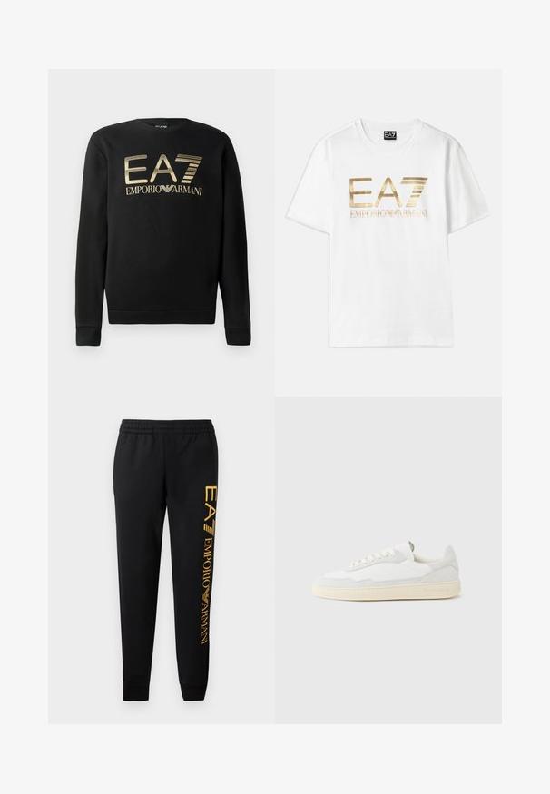 Mustsa kapuutsita sviiter, millel on rinna peal kuldne EA7 Emporio Armani logo. Pehme kangas ribiga varrukate ja äärtega.; Valge puuvillane T-särk, millel on suur kuldne metallik "EA7" logo ja "EMPORIO ARMANI" tekst allpool, lühikesed varrukad ja ümmargune kaelus.; Mustad mustad püksid elastse vöökoha ja mansettidega. Vasakul jalal on vertikaalne kuldne logoprint. Valmistatud pehmest kangast.; Valge tennisejalanõu, mille ülemine osa on valmistatud tekstuurse seemisnahast ja nahast. Omab ümarat ninaosa, paeltega sulgurit ja kontrastset beeži kummist tallaga.