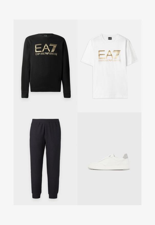 Sudadera negra con cuello redondo, que presenta el logo dorado de EA7 Emporio Armani en el pecho. Tejido suave con puños y dobladillo acanalados.; Camiseta de algodón blanca con un gran logo metálico dorado "EA7" y el texto "EMPORIO ARMANI" debajo, con mangas cortas y cuello redondo.; Pantalones deportivos negros con corte cónico, cinturilla y puños elásticos, con un sutil patrón texturizado y bolsillos laterales.; Zapatilla blanca de corte bajo con pestaña en el talón gris, cordones blancos y suela texturizada, presentada sobre un fondo claro y liso.