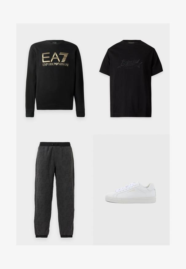 Zwart sweatshirt met ronde hals, voorzien van het gouden EA7 Emporio Armani-logo op de borst. Zachte stof met geribbelde mouwen en onderrand.; Zwart T-shirt met korte mouwen met subtiel zwart geborduurd Emporio Armani Music District-logo en ster op de borst.; Grijze joggerbroeken van een gestructureerde stof, met een overal logo patroon, een elastische tailleband en elastische boorden bij de enkels.; Witte leren lage sneakers met een ronde neus, platte veters, een gestructureerde zool en subtiele gouden branding aan de zijkant. Gladde oppervlakte en minimalistisch ontwerp.