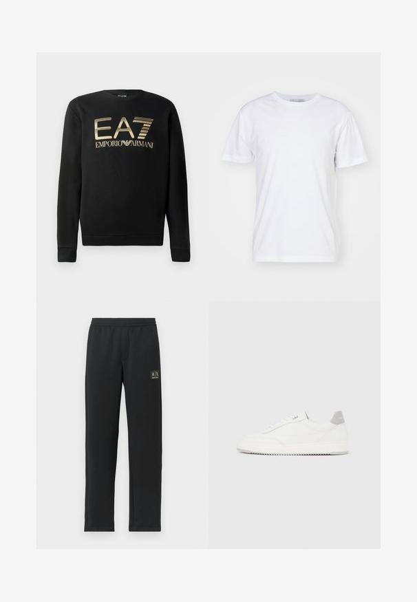 Sudadera negra con cuello redondo, que presenta el logo dorado de EA7 Emporio Armani en el pecho. Tejido suave con puños y dobladillo acanalados.; Camiseta de algodón blanca con escote redondo, mangas cortas y corte recto. Sin patrones ni adornos, textura suave y diseño sencillo.; Pantalones de chándal negros de pierna recta con cintura elástica y logotipo negro en el muslo izquierdo superior.; Zapatilla blanca de corte bajo con pestaña en el talón gris, cordones blancos y suela texturizada, presentada sobre un fondo claro y liso.