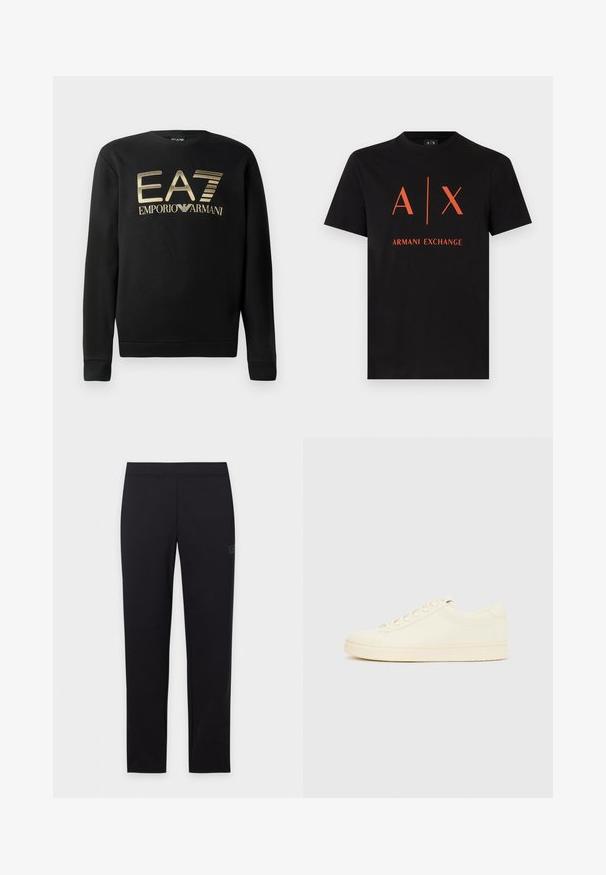 Čierna mikina s okrúhlym výstrihom, s vyšívaným zlatým logom EA7 Emporio Armani na hrudi. Mäkčená tkanina s rebrovanými manžetami a spodným okrajom.; Čierne tričko s krátkym rukávom a okrúhlym výstrihom s veľkým oranžovým logom "A | X" a textom "Armani Exchange" v strede prednej strany.; Čierne priliehavé legíny s elastickým pásom, zobrazené na ploche na bielom pozadí.; Sneaker krémovej farby s hladkým koženým zvrškom, zaoblenou špičkou, šnurovačkou vpredu a textúrovanou gumovou podrážkou. Minimalistický dizajn, bez loga.