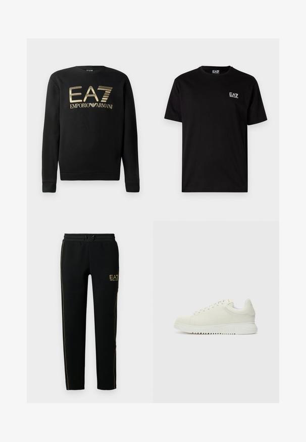 Sudadera negra con cuello redondo, que presenta el logo dorado de EA7 Emporio Armani en el pecho. Tejido suave con puños y dobladillo acanalados.; Camiseta de algodón negra con mangas cortas, cuello redondo y pequeño logo blanco de EA7 en el lado izquierdo del pecho. Textura suave, ajuste regular.; Los pantalones de chándal negros presentan un diseño entallado, una cinturilla elástica con cordón y franjas doradas en los costados y en el logo.; Zapatilla blanca de cuero con parte superior texturizada, punta redondeada, suela blanca plana y cordones tonales. Marca sutil en la lengüeta.