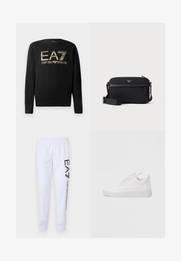 Zwart sweatshirt met ronde hals, voorzien van het gouden EA7 Emporio Armani-logo op de borst. Zachte stof met geribbelde mouwen en onderrand.; Witte sweatpants gemaakt van zacht materiaal, met zwarte bedrukte logo's "EA7" en "Emporio Armani" langs het linkerpijp, en voorzien van een elastische tailleband en boorden.; Witte leren sneaker met een afgeronde neus, platte zool en veters aan de voorkant. Voorzien van stikseldetails en een gevoerde kraag voor comfort.; Zwarte rechthoekige crossbodytas met voorvak met rits, verstelbare schouderriem en klein metalen logo bovenaan in het midden.