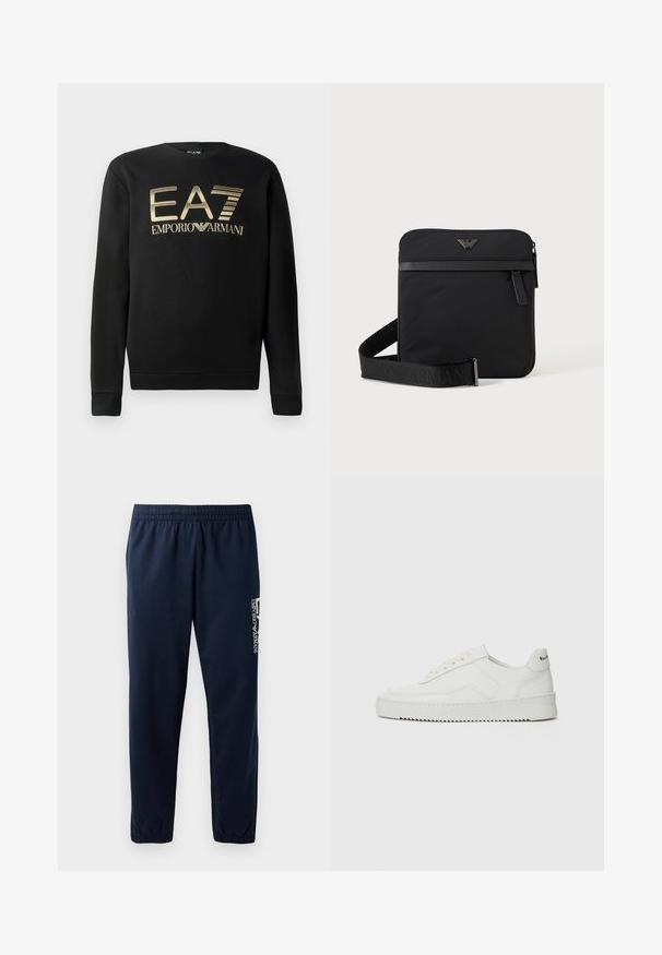 Schwarzer Pullover mit Rundhalsausschnitt, mit goldenem EA7 Emporio Armani-Logo auf der Brust. Weicher Stoff mit gerippten Bündchen und Saum.; Marineblaues Sweatpants mit elastischem Bund, zulaufenden Beinen und einem weißen Logo an der Seite. Glattes Gewebe mit leichter Textur.; Weiße Ledersneaker mit glatter Oberfläche, runder Zehenpartie, flachen Schnürsenkeln und strukturiertem Sohlenprofil. Mit einem dezenten Logo an der Ferse.; Schwarze quadratische Schultertasche mit Reißverschluss, Vordertasche und verstellbarem Riemen mit eingeprägtem Markennamen.