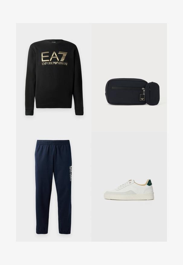 Zwart sweatshirt met ronde hals, voorzien van het gouden EA7 Emporio Armani-logo op de borst. Zachte stof met geribbelde mouwen en onderrand.; Marineblauwe trainingsbroek met een elastische tailleband, taps toelopende pijpen en een wit logo aan de zijkant. Gladde stof met een lichte textuur.; Witte sneaker met suède accenten, ronde neus, platte veters en een crème rubberen zool. Bevat groene branding op de hiel.; Zwart rechthoekig tasje met ritssluiting aan de voorkant en een klein aangehecht afgerond tasje, tegen een effen lichte achtergrond.