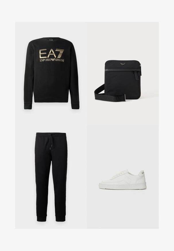 Zwart sweatshirt met ronde hals, voorzien van het gouden EA7 Emporio Armani-logo op de borst. Zachte stof met geribbelde mouwen en onderrand.; Zwarte joggingbroek gemaakt van zachte stof met een elastische tailleband en trekkoord. Heeft taps toelopende pijpen met ribbenboorden.; Witte leren sneaker met een gladde afwerking, ronde neus, platte veters en een gestructureerde zool. Kenmerkt zich door een subtiel logo op de hiel.; Zwarte vierkante schoudertas met ritssluiting, voorvak en verstelbare band met geperste merknaam.