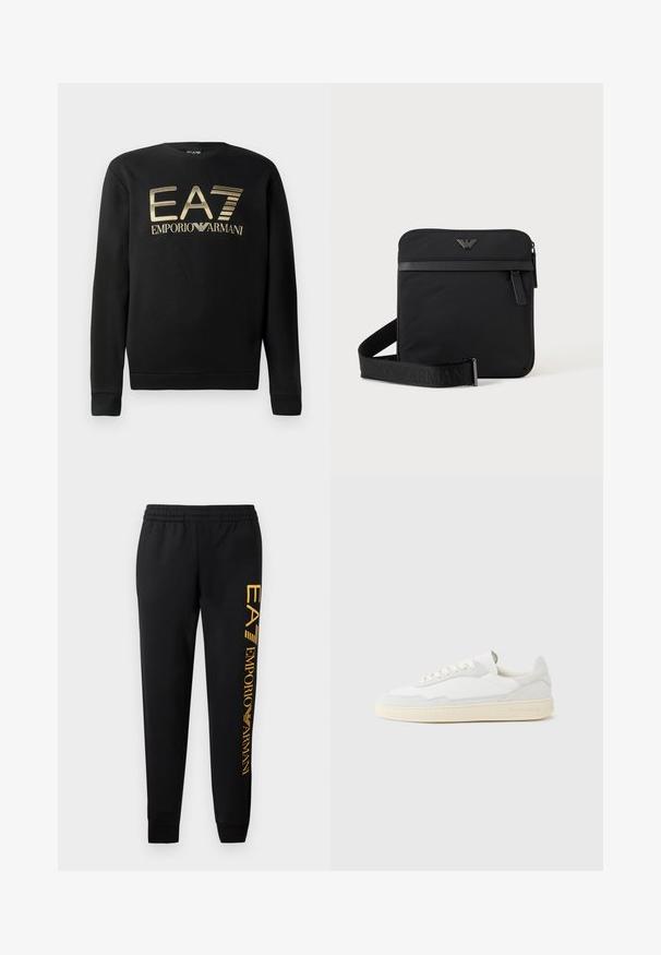 Sudadera negra con cuello redondo, que presenta el logo dorado de EA7 Emporio Armani en el pecho. Tejido suave con puños y dobladillo acanalados.; Pantalones de chándal negros con cintura elástica y bajos ajustados. Presentan un logotipo dorado vertical impreso en la pierna izquierda. Hechos de tela suave.; Zapatilla blanca con parte superior texturizada de ante y cuero. Presenta una puntera redondeada, cierre con cordones y suela de goma beige contrastante.; Bolso de hombro negro cuadrado con cierre de cremallera, bolsillo delantero y correa ajustable con nombre de marca en relieve.