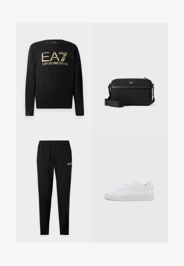 Mustsa kapuutsita sviiter, millel on rinna peal kuldne EA7 Emporio Armani logo. Pehme kangas ribiga varrukate ja äärtega.; Mustad siidistiistud dressipüksid, millel on elastne vöökoht ja väike logo ülemise reie juures, ühtlasel taustal.; Valged nahast madala säärega tennised ümarate ninadega, tasase paeltega, tekstuurse tallaga ja peene kuldse brändinguga külje peal. Sile pind ja minimalistlik disain.; Must ristkülikukujuline õlakott, esiosal luku tasku, reguleeritav rihm ja väike metallist logo ülaservas keskel.