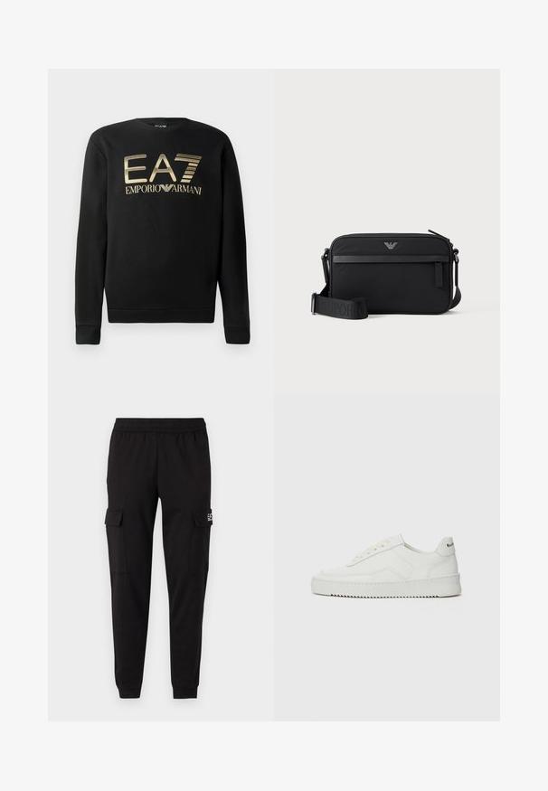 Schwarzer Pullover mit Rundhalsausschnitt, mit goldenem EA7 Emporio Armani-Logo auf der Brust. Weicher Stoff mit gerippten Bündchen und Saum.; Schwarze Cargo-Hosen mit elastischem Bund, zwei Seitentaschen und Logodetail auf der linken Seite. Glatte Textur, verjüngt an den Knöcheln.; Weiße Ledersneaker mit glatter Oberfläche, runder Zehenpartie, flachen Schnürsenkeln und strukturiertem Sohlenprofil. Mit einem dezenten Logo an der Ferse.; Schwarze rechteckige Umhängetasche mit vorderer Reißverschlusstasche, verstellbarem Schultergurt und kleinem Metalllogo oben in der Mitte.
