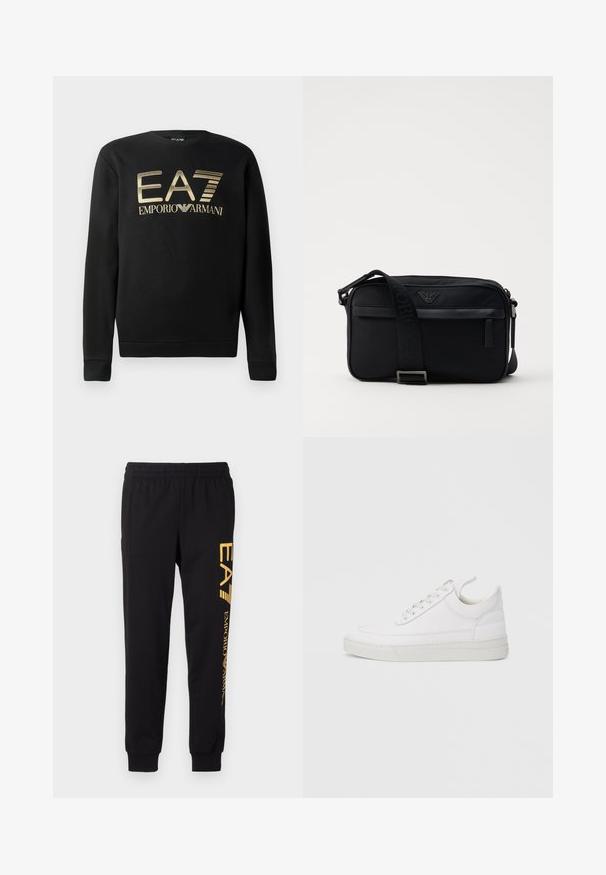 Zwart sweatshirt met ronde hals, voorzien van het gouden EA7 Emporio Armani-logo op de borst. Zachte stof met geribbelde mouwen en onderrand.; Zwarte trainingsbroek van zacht materiaal, met een elastische tailleband en cuffed enkels. Gele branding die verticaal op het linkerpijp is gedrukt.; Witte leren sneaker met een afgeronde neus, platte zool en veters aan de voorkant. Voorzien van stikseldetails en een gevoerde kraag voor comfort.; Zwarte nylon schoudertas met een contrasterende schouderband, een slank rechthoekig ontwerp, een logo-detail en een ritszak aan de voorkant.