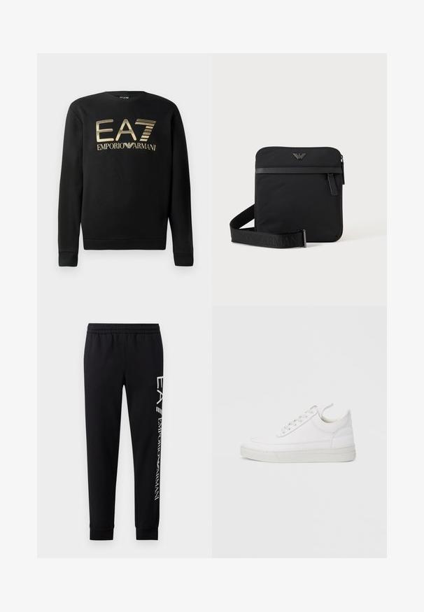 Sudadera negra con cuello redondo, que presenta el logo dorado de EA7 Emporio Armani en el pecho. Tejido suave con puños y dobladillo acanalados.; Pantalones de chándal negros hechos de una mezcla de algodón, con una cinturilla elástica, piernas estrechas, puños acanalados y estampado de logo blanco en el lateral.; Zapatilla blanca de cuero con punta redondeada, suela plana y cierre de cordones. Presenta detalles de costuras y un cuello acolchado para mayor comodidad.; Bolso de hombro negro cuadrado con cierre de cremallera, bolsillo delantero y correa ajustable con nombre de marca en relieve.