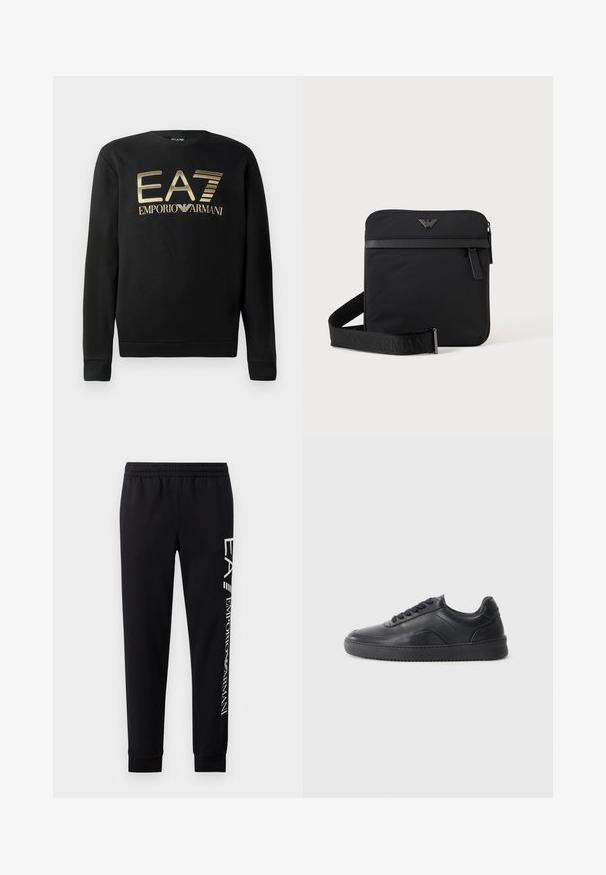 Mustsa kapuutsita sviiter, millel on rinna peal kuldne EA7 Emporio Armani logo. Pehme kangas ribiga varrukate ja äärtega.; Mustadest puuvillasegustest dressipükstest, millel on elastne vöökoht, kitsenevad säärte ning ribatsoonidega mansetid ja valge logo trükk külgmisel osal.; Must musta kingad sileda viimistlusega, ümar aadress, tekstuuriga külgpaneel ja mustad nöörid. Omab lame kummist tallat ja minimaalset disaini.; Must ruudukujuline õlakott tõmblukuga, esitasku ja reguleeritava rihmaga, millel on reljeefne kaubamärgi nimi.