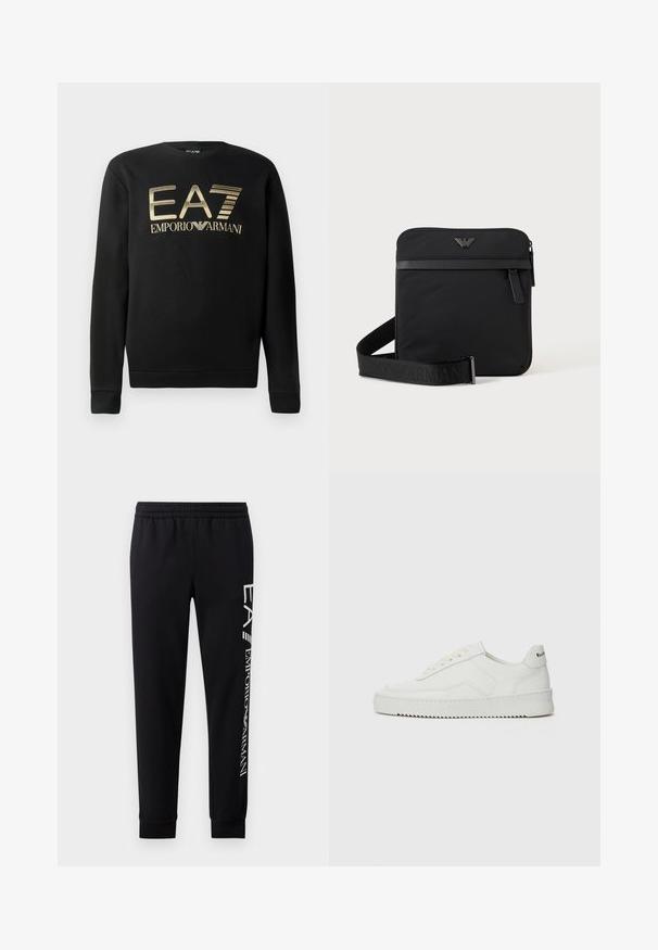 Zwart sweatshirt met ronde hals, voorzien van het gouden EA7 Emporio Armani-logo op de borst. Zachte stof met geribbelde mouwen en onderrand.; Zwarte sweatpants van een katoenmix, met een elastische tailleband, taps toelopende benen, ribgebreide boorden en een wit logo-opdruk langs de zijkant.; Witte leren sneaker met een gladde afwerking, ronde neus, platte veters en een gestructureerde zool. Kenmerkt zich door een subtiel logo op de hiel.; Zwarte vierkante schoudertas met ritssluiting, voorvak en verstelbare band met geperste merknaam.