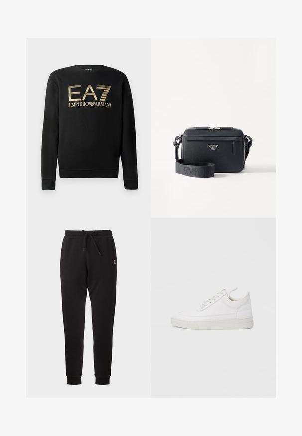 Sudadera negra con cuello redondo, que presenta el logo dorado de EA7 Emporio Armani en el pecho. Tejido suave con puños y dobladillo acanalados.; Pantalones deportivos negros con corte recto, cintura elástica, cordón, bolsillos laterales y puños acanalados, presentados sobre un fondo liso.; Zapatilla blanca de cuero con punta redondeada, suela plana y cierre de cordones. Presenta detalles de costuras y un cuello acolchado para mayor comodidad.; Bolsa bandolera negra hecha de material texturizado. Presenta un cierre con cremallera, un bolsillo frontal con cremallera y un acento de logo metálico. Incluye una correa ajustable.