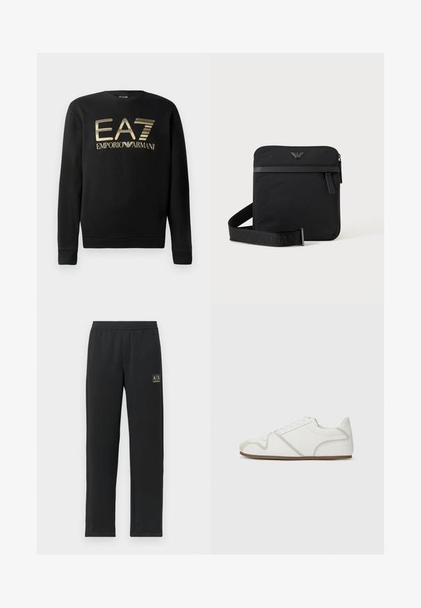 Mustsa kapuutsita sviiter, millel on rinna peal kuldne EA7 Emporio Armani logo. Pehme kangas ribiga varrukate ja äärtega.; Mustad mustad püksid otse lõikega, elastse vöökoha ja musta logoga vasaku reie ülemises osas.; Valged tennisjalanõud, millel on sile kangast peal, beežid detailid, ümar nina ja kummist tallad. Omab nööbitavat disaini ja külgõmblusi.; Must ruudukujuline õlakott tõmblukuga, esitasku ja reguleeritava rihmaga, millel on reljeefne kaubamärgi nimi.