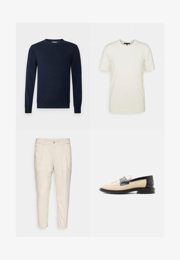 Pull bleu marine foncé à manches longues avec col rond, poignets et ourlet côtelés sur un fond clair uni.; DRYKORN RAPHAEL - T-shirt basique - ecru; Pantalons en lin beiges avec une finition légèrement texturée, design fuselé, plis avant et fermeture à un bouton à la taille.; Mocassin tissé beige avec bordure en cuir noir, bout arrondi, semelle noire et motif décoratif cousu sur la partie supérieure.