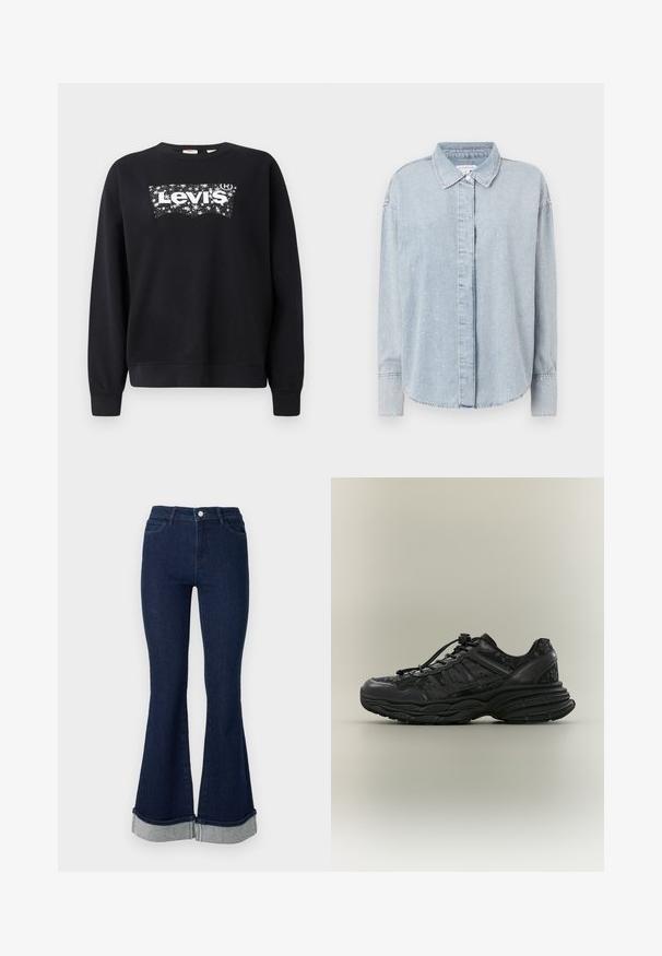 Must paisu, mis on valmistatud puuvillast, sisaldab valget "Levi's" logo tähistaeva kujunduses. Ümar kaelus ning soonikkoes varrukad ja allserv.; Good American DIAMOND SHIRT - Nööpidega pluus - indigo; Tumesinised kõhuli lõikega teksapüksid kõrge vöökohaga, varustatud hele sinise allalöödava kantimise ja nelja taskuga. Valmistatud denimist, millel on sile tekstuur.; Mustad pakse tallaga spordijalats lillemustriga, pakse tekstuuriga tald ja nööpidega kinnitus, profiilvaates ühevärvilisel taustal.