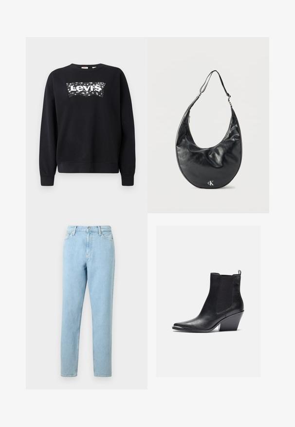 Čierna mikina vyrobená z bavlny, s bielym logom "Levi's" v hviezdnom dizajne. S okrúhlym výstrihom a rebrovanými manžetami a lemom.; Svetlomodré džínsy s rovnými nohavicami, dizajnom piatich vreciek a zapínaním na gombík. Obsahujú jemné vyblednutia a hladký povrch.; Čierne kožené čižmy po členky s špicatou špičkou, elastickými bočnými panelmi a blokovým podpätkom. Povrch je hladký s elegantným dizajnom.; Čierna kožená ramenná taška v tvare polmesiaca s nastaviteľným popruhom a strieborným logom "cK" na prednej strane, na bielom pozadí.