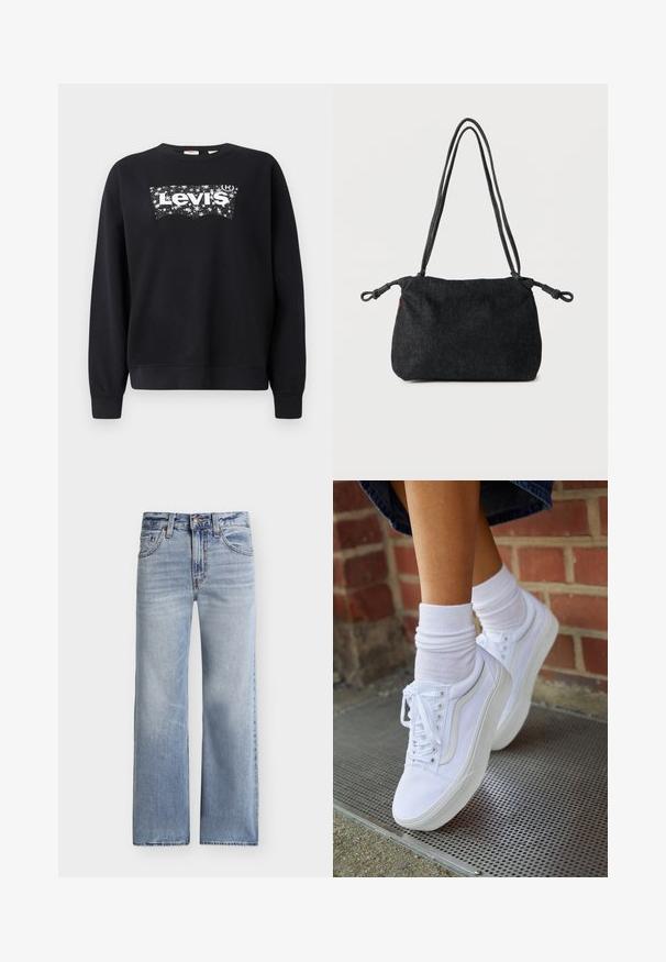 Must paisu, mis on valmistatud puuvillast, sisaldab valget "Levi's" logo tähistaeva kujunduses. Ümar kaelus ning soonikkoes varrukad ja allserv.; Hele sinise värvitooniga kõrge vöökohaga sirge säärega püksid, millel ees nööpide ja luku sulgemine, ees- ja tagataskud ning peened pleekimisdetailid.; Valged kanvas tennisikud kummitaldadega, kuue silmaga, ümmarguse varbaga ja kergete tikandite detailidega, koos valgete pahkluusokkidega.; Mustast denimist õlakott, millel on kahekordsed nööritraksid ja mõlemal küljel sõlmitud otsad, valge ühetaolise tausta ees.
