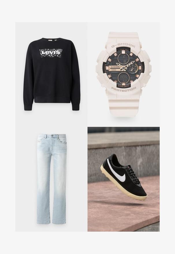 Must paisu, mis on valmistatud puuvillast, sisaldab valget "Levi's" logo tähistaeva kujunduses. Ümar kaelus ning soonikkoes varrukad ja allserv.; Heledad sinine teksapüksid sirge jala disainiga, millel on pleekinud kohtadega, viis taskut ja esine nööbiga sulgemine.; Must musträi sportlikking, millel on valge Nike swoosh, paeltega kinnitamine, kerge disain ja kreemjas värvitoonis kummist tallaosa, millel on tekstuuriga haardepind.; G-SHOCK kell valge vaigubändiga, musta ja kuldse näo, analoog- ja digitaalsete ekraanidega ning kaitsvate raamidega. Omadusteks on löögikindlus ja kalender.