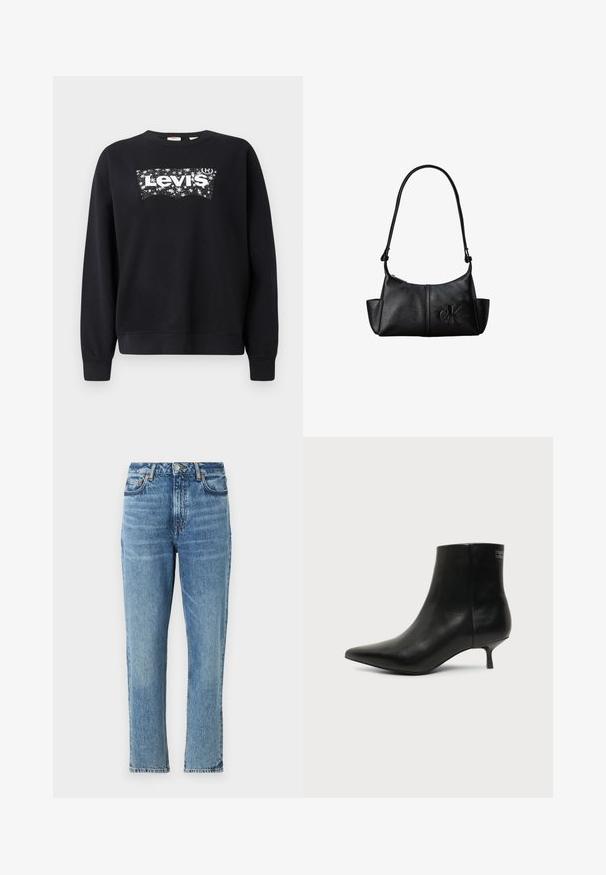 Sort sweatshirt lavet af bomuld, med et hvidt "Levi's" logo inden for et stjerneformet design. Rund hals og ribbede manchetter og kant.; Lyseblå denimjeans med høj talje, lige ben og slidt tekstur. Udstyret med sølvhardware og kontrasterende syninger.; Sort læder ankelstøvle med spids tå og lav kitten hæl på lys baggrund, der viser yderside.; Sort læder skuldertaske med lang rem, sidelommer og præget Calvin Klein-logo på fronten.
