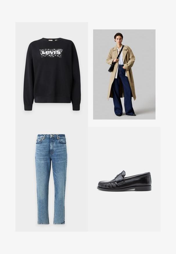 Sort sweatshirt lavet af bomuld, med et hvidt "Levi's" logo inden for et stjerneformet design. Rund hals og ribbede manchetter og kant.; Lyseblå denimjeans med høj talje, lige ben og slidt tekstur. Udstyret med sølvhardware og kontrasterende syninger.; Sorte læderloafers med rundet tå, karakteristisk syning og en dekorativ rem over vampen. Glat finish og lav hæl.; Beige trenchcoat med stor krave, knapdetaljer, båret over en hvid skjorte og mørkeblå brede jeans; en sort skuldertaske fuldender looket.